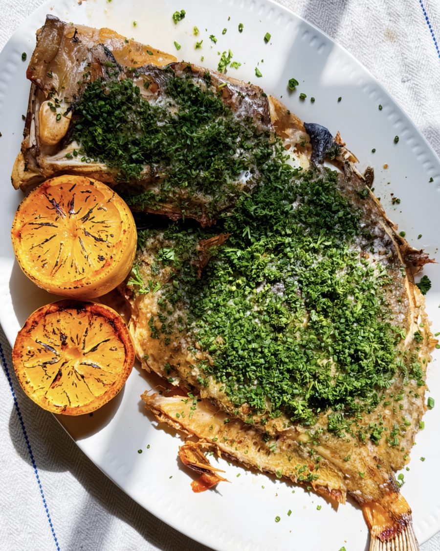 Whole John Dory with herbs and charred lemon